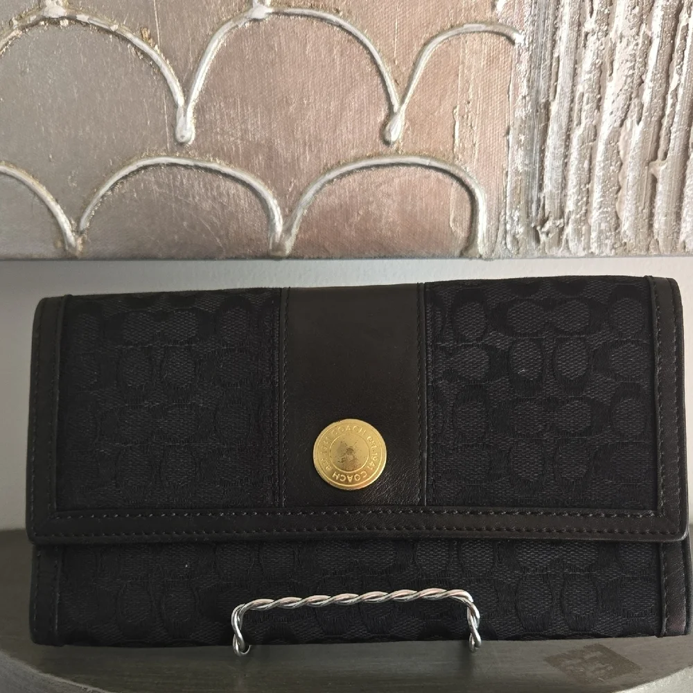 Vintage Coach Black Canvas Leather Trim Trifold Wallet